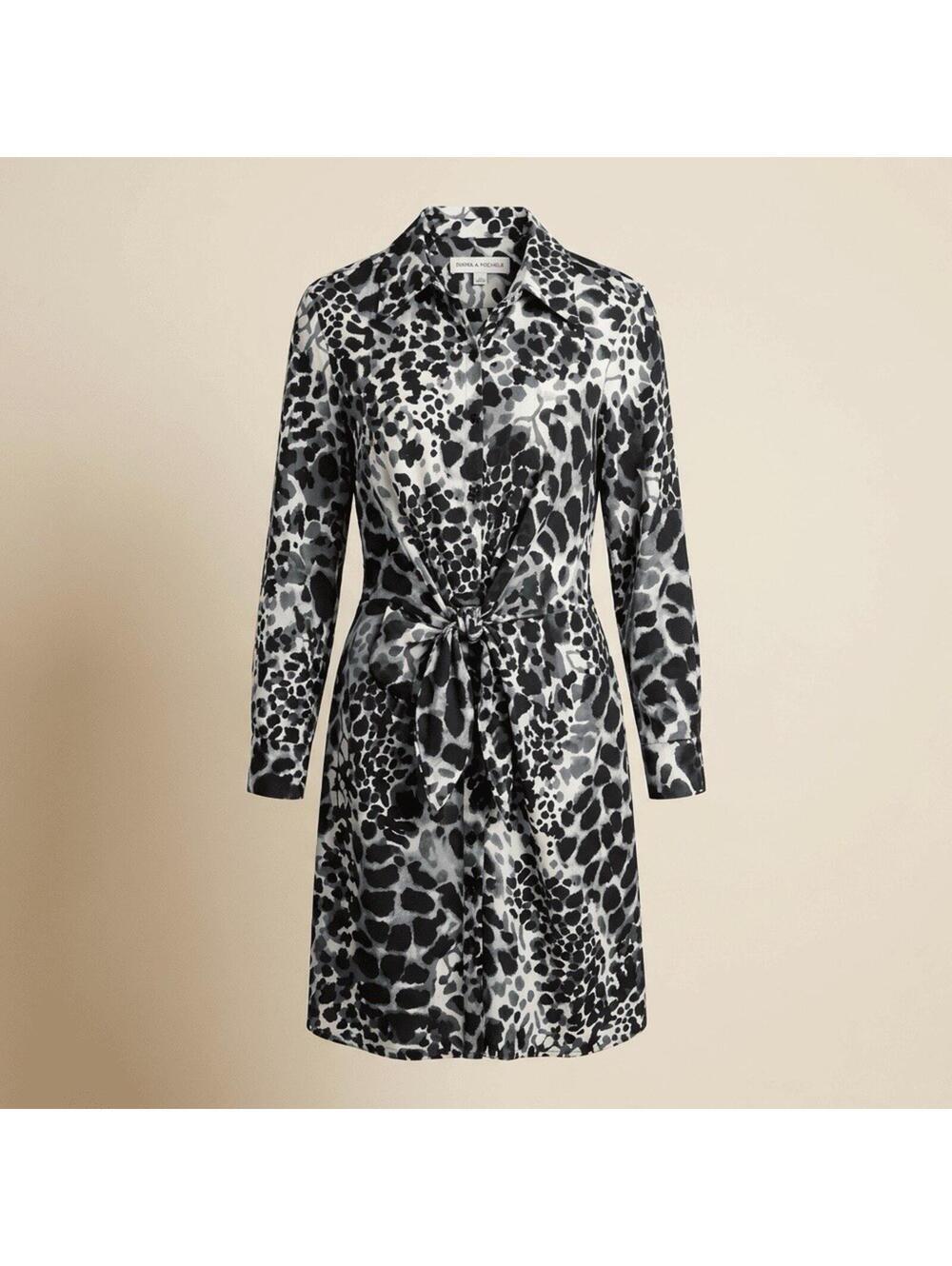 Emma & Michele Black Gray White Leopard Print Button Down Dress Tie Waist Sz L